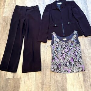 Tahari ASL 3 Pc Deep Purple Pantsuit with Paisley Shell